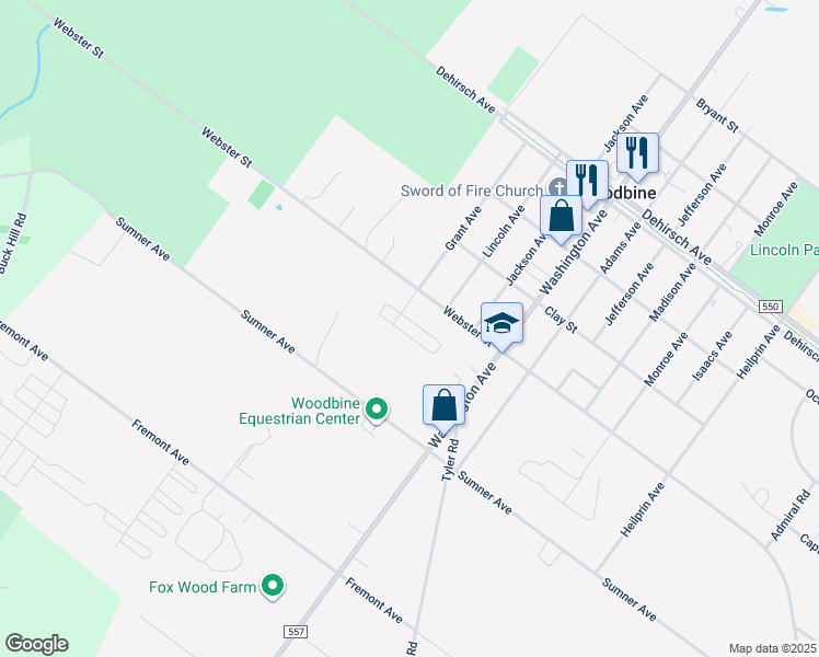 map of restaurants, bars, coffee shops, grocery stores, and more near 201 Webster Street in Woodbine