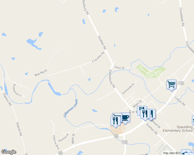 map of restaurants, bars, coffee shops, grocery stores, and more near 1775 East Huntley Road in Goshen