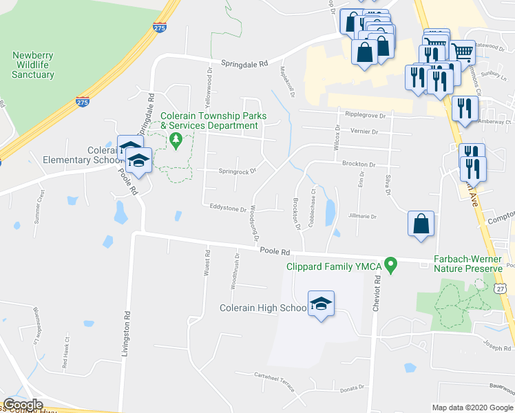 map of restaurants, bars, coffee shops, grocery stores, and more near 3956 Eddystone Drive in Cincinnati