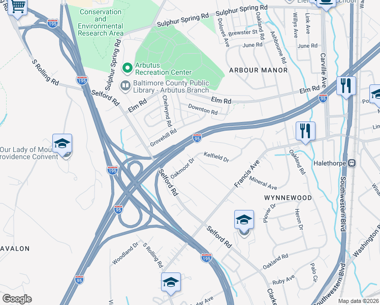 map of restaurants, bars, coffee shops, grocery stores, and more near 1 Tollington Court in Halethorpe