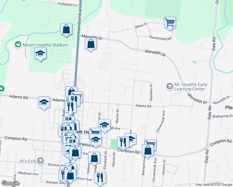 map of restaurants, bars, coffee shops, grocery stores, and more near 1463 Evencrest Drive in Cincinnati