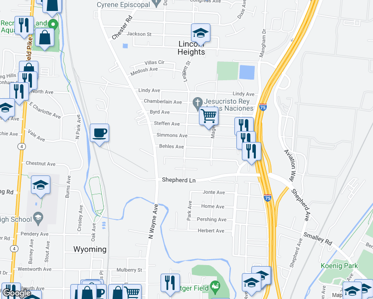 map of restaurants, bars, coffee shops, grocery stores, and more near 1055 Simmons Avenue in Cincinnati
