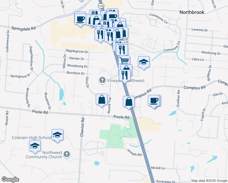 map of restaurants, bars, coffee shops, grocery stores, and more near 9189 Colerain Avenue in Cincinnati