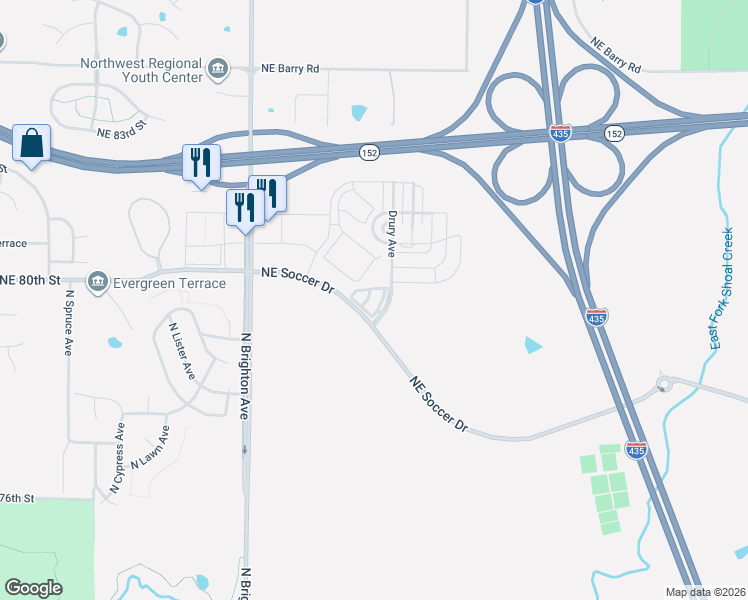 map of restaurants, bars, coffee shops, grocery stores, and more near 5511 Northeast 80th Terrace in Kansas City