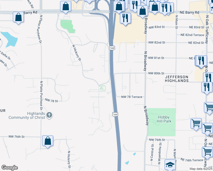 map of restaurants, bars, coffee shops, grocery stores, and more near 900 Northwest 79th Terrace in Kansas City