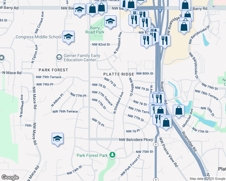 map of restaurants, bars, coffee shops, grocery stores, and more near 7321 Northwest 79th Street in Kansas City