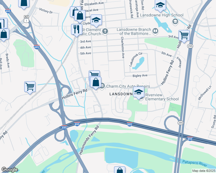 map of restaurants, bars, coffee shops, grocery stores, and more near 4374 Hollins Ferry Road in Halethorpe