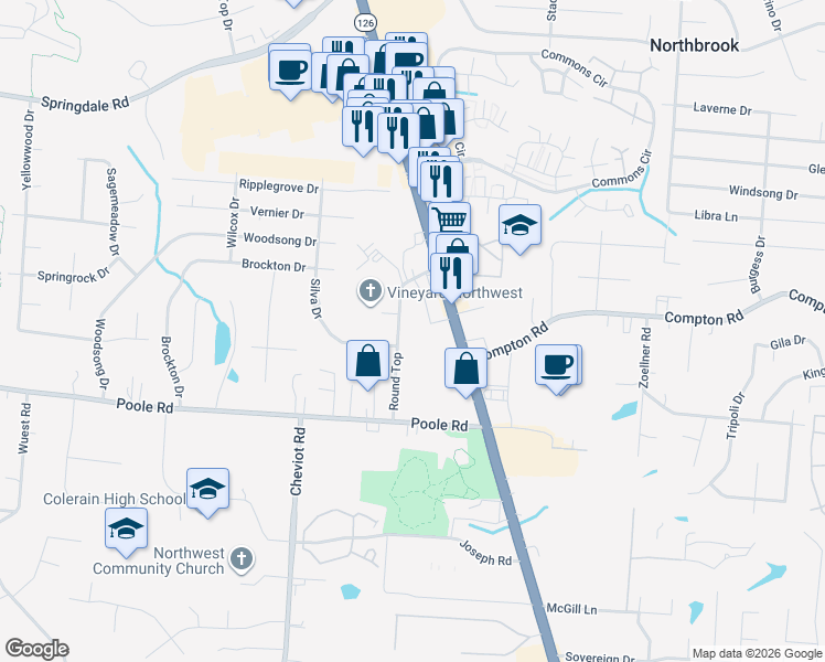map of restaurants, bars, coffee shops, grocery stores, and more near 9189 Colerain Avenue in Cincinnati