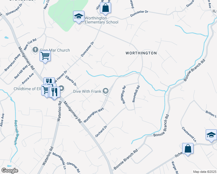 map of restaurants, bars, coffee shops, grocery stores, and more near 4902 Worthington Way in Ellicott City