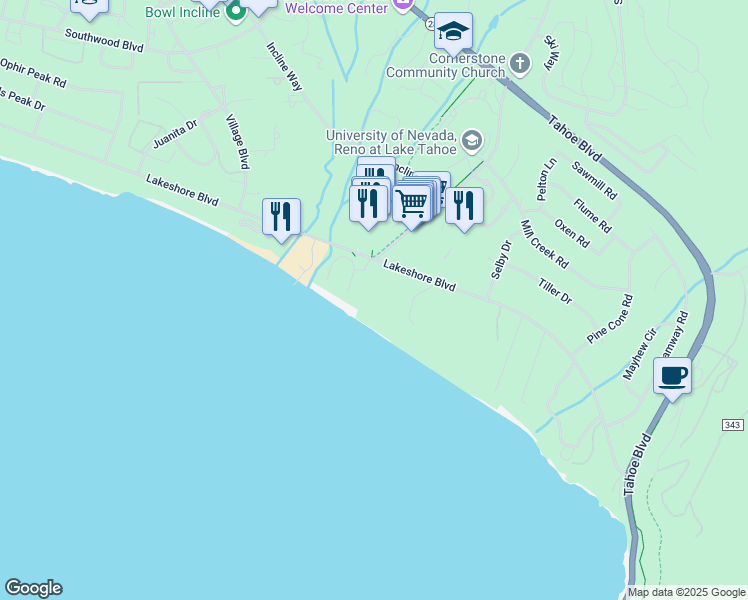 map of restaurants, bars, coffee shops, grocery stores, and more near 999 Lakeshore Boulevard in Incline Village