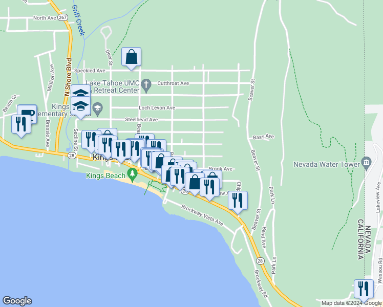 map of restaurants, bars, coffee shops, grocery stores, and more near 8691 Rainbow Avenue in Kings Beach