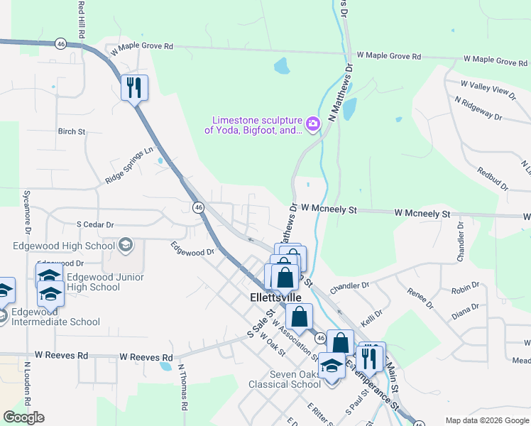 map of restaurants, bars, coffee shops, grocery stores, and more near 5971 North Senior Drive in Ellettsville