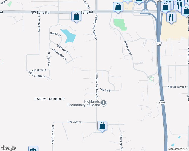 map of restaurants, bars, coffee shops, grocery stores, and more near 7915 Northwest Ames Avenue in Kansas City