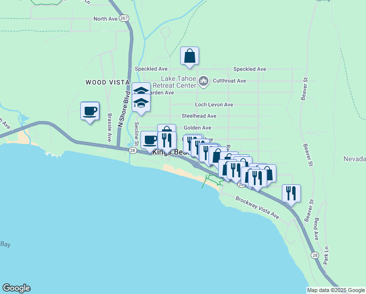 map of restaurants, bars, coffee shops, grocery stores, and more near 8376 Rainbow Avenue in Kings Beach