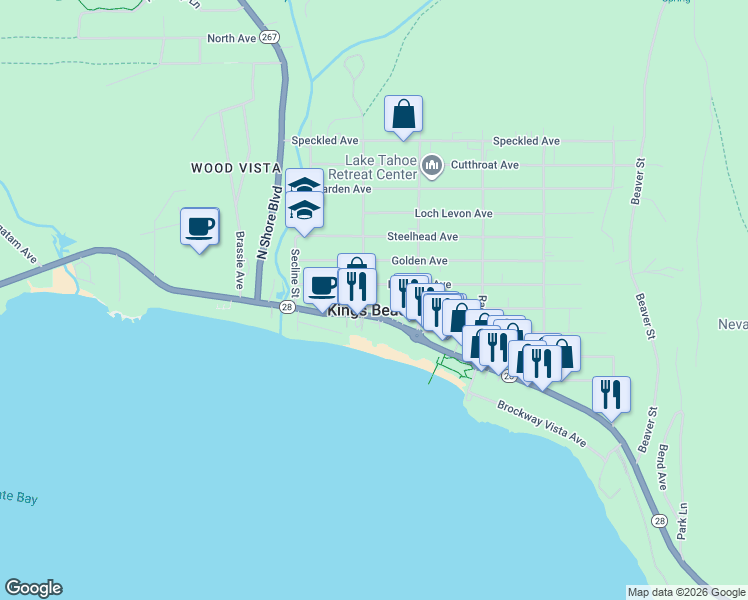 map of restaurants, bars, coffee shops, grocery stores, and more near 375 Deer Street in Kings Beach