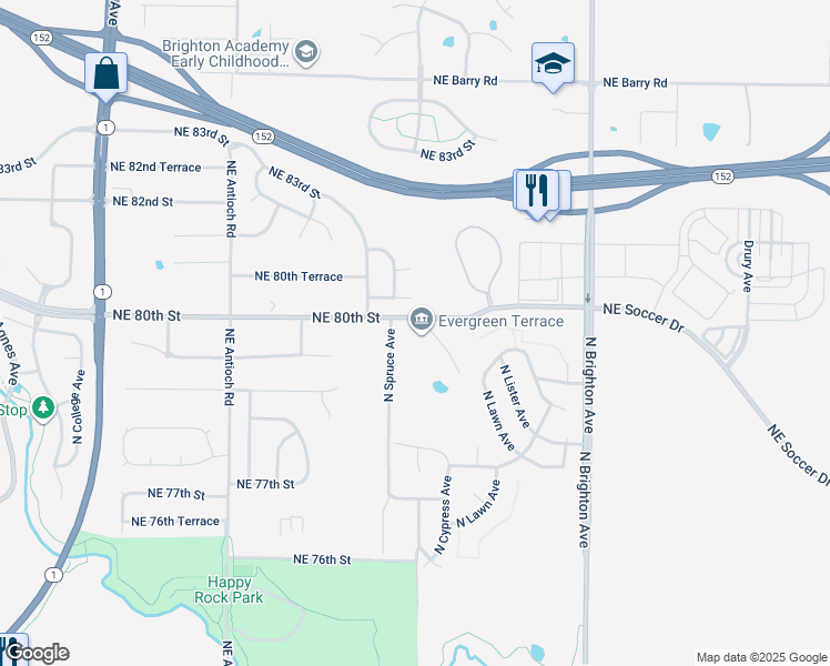 map of restaurants, bars, coffee shops, grocery stores, and more near 4445 Northeast 80th Street in Kansas City
