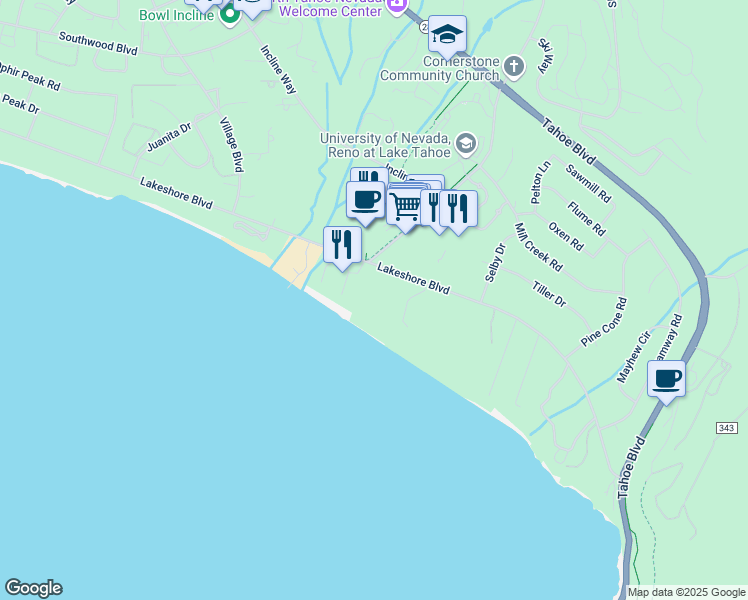 map of restaurants, bars, coffee shops, grocery stores, and more near 999 Lakeshore Boulevard in Incline Village