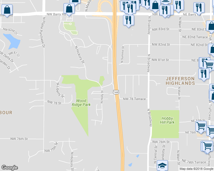 map of restaurants, bars, coffee shops, grocery stores, and more near 1000 Northwest 79th Terrace in Kansas City