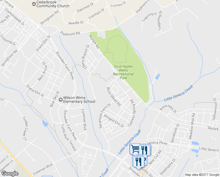 map of restaurants, bars, coffee shops, grocery stores, and more near 23113 Birch Mead Road in Clarksburg