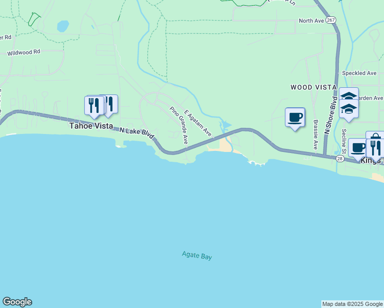 map of restaurants, bars, coffee shops, grocery stores, and more near 7422 North Lake Boulevard in Tahoe Vista