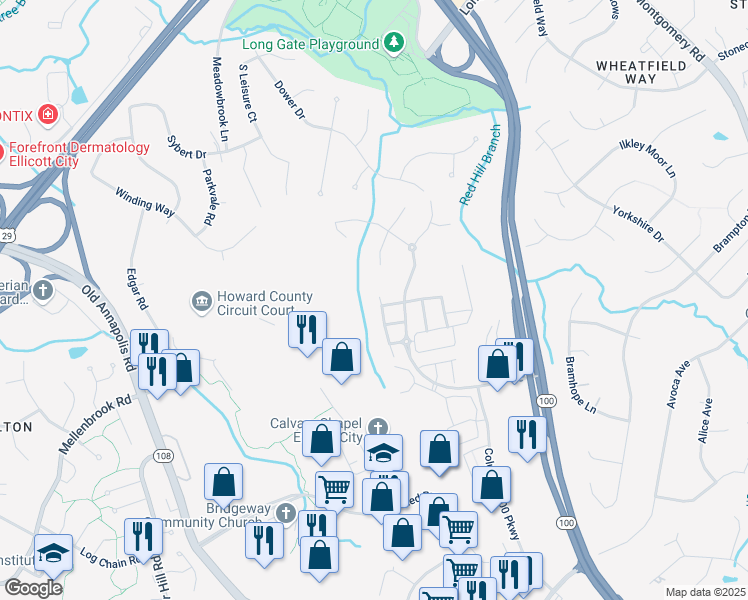 map of restaurants, bars, coffee shops, grocery stores, and more near 4802 Lee Hollow Place in Ellicott City