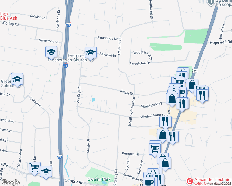 map of restaurants, bars, coffee shops, grocery stores, and more near 7835 Jolain Drive in Cincinnati