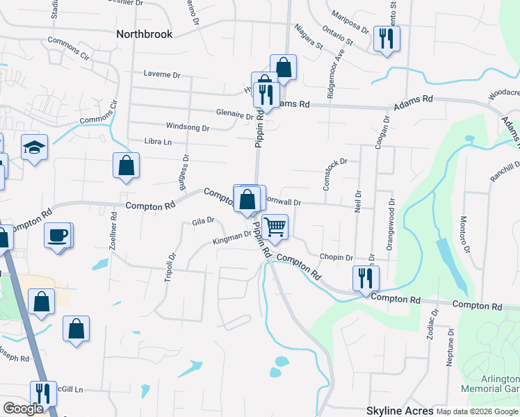 map of restaurants, bars, coffee shops, grocery stores, and more near 2777 Cornwall Drive in Cincinnati