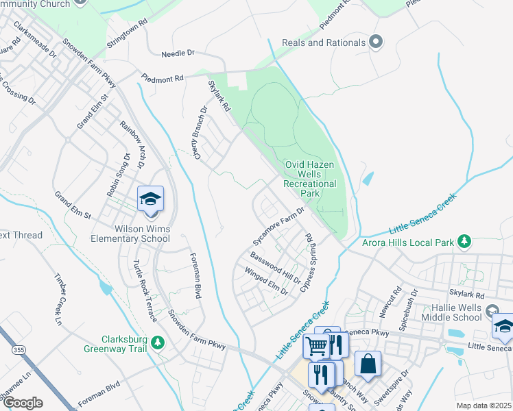 map of restaurants, bars, coffee shops, grocery stores, and more near 23113 Birch Mead Road in Clarksburg