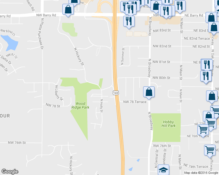 map of restaurants, bars, coffee shops, grocery stores, and more near 910 Northwest 79th Terrace in Kansas City