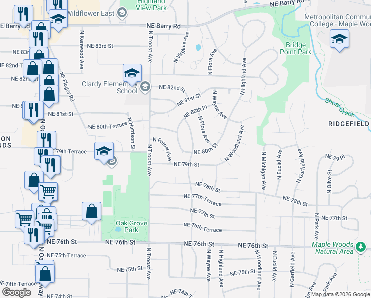 map of restaurants, bars, coffee shops, grocery stores, and more near 8005 North Lydia Avenue in Kansas City