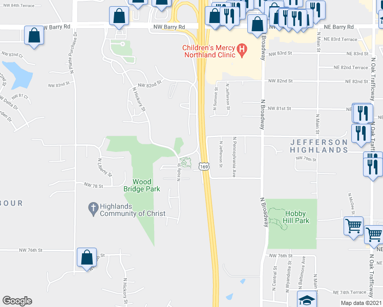 map of restaurants, bars, coffee shops, grocery stores, and more near 910 Northwest 79th Terrace in Kansas City
