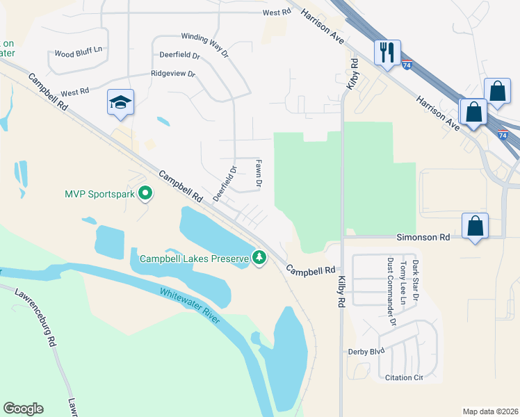 map of restaurants, bars, coffee shops, grocery stores, and more near 115 Fawn Drive in Harrison