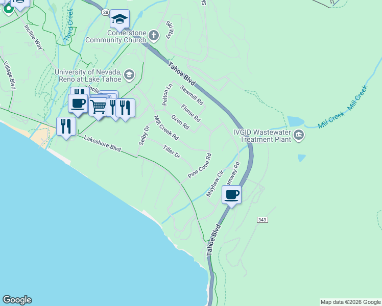 map of restaurants, bars, coffee shops, grocery stores, and more near Mill Creek Road in Incline Village
