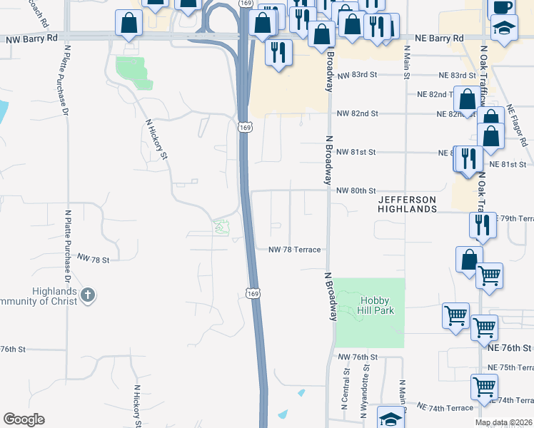 map of restaurants, bars, coffee shops, grocery stores, and more near 7920 North Jefferson Street in Kansas City