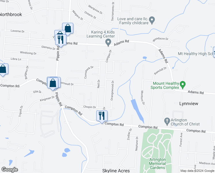 map of restaurants, bars, coffee shops, grocery stores, and more near 9210 Coogan Drive in Cincinnati