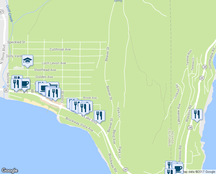 map of restaurants, bars, coffee shops, grocery stores, and more near Beaver Street in Kings Beach