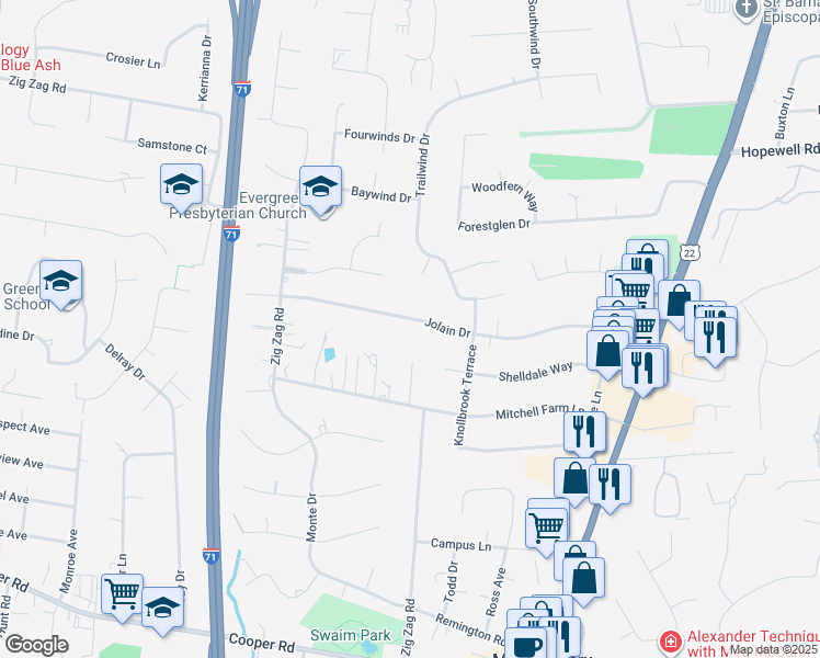 map of restaurants, bars, coffee shops, grocery stores, and more near 7865 Jolain Drive in Cincinnati