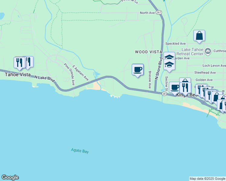 map of restaurants, bars, coffee shops, grocery stores, and more near 7610 North Lake Boulevard in Tahoe Vista