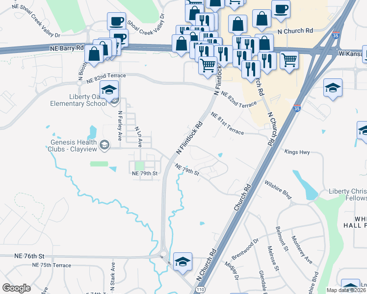 map of restaurants, bars, coffee shops, grocery stores, and more near 7987 North Flintlock Road in Kansas City