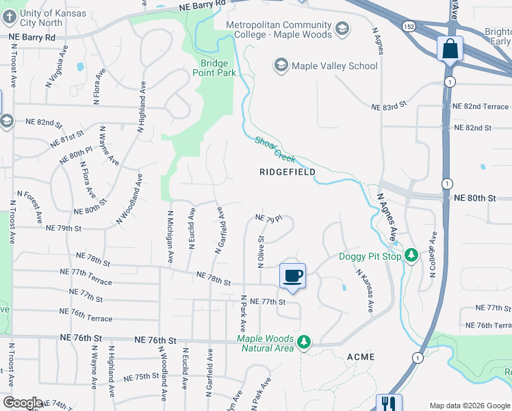 map of restaurants, bars, coffee shops, grocery stores, and more near 7924 North Park Avenue in Kansas City