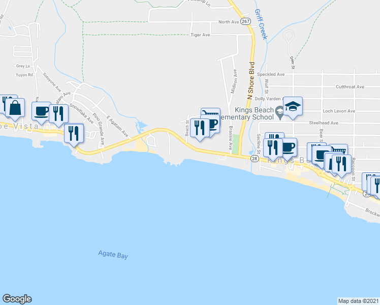 map of restaurants, bars, coffee shops, grocery stores, and more near 7680 North Lake Boulevard in Tahoe Vista