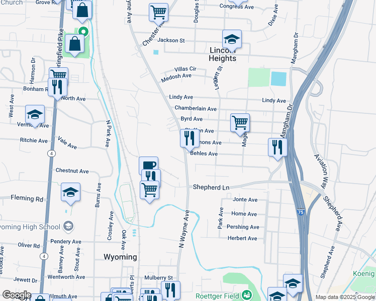 map of restaurants, bars, coffee shops, grocery stores, and more near 9616 Wayne Avenue in Cincinnati