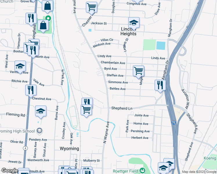 map of restaurants, bars, coffee shops, grocery stores, and more near 9616 Wayne Avenue in Cincinnati