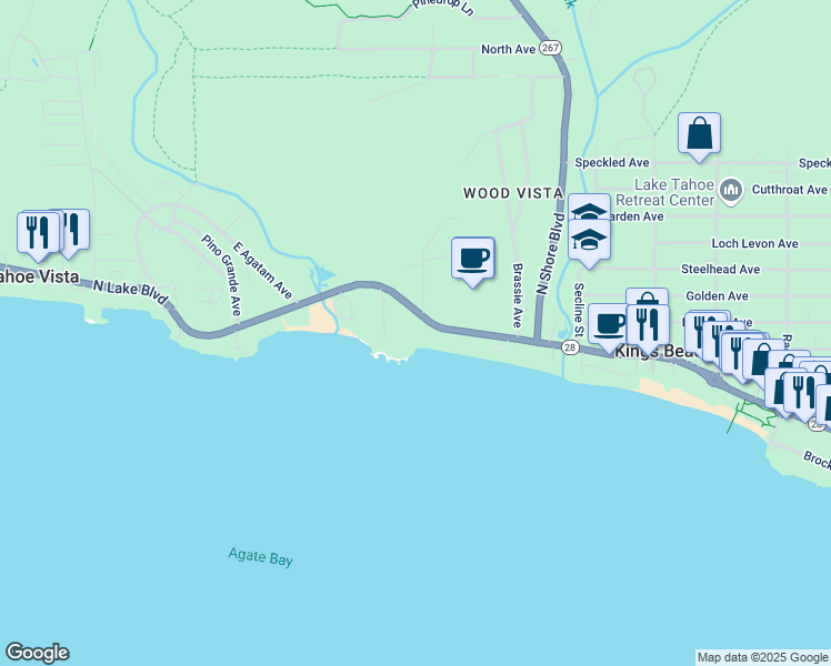 map of restaurants, bars, coffee shops, grocery stores, and more near 7680 North Lake Boulevard in Tahoe Vista