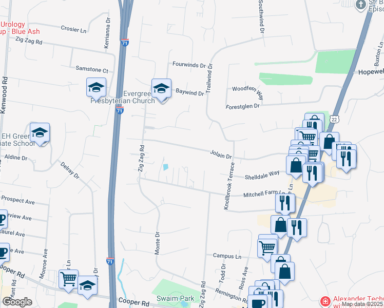 map of restaurants, bars, coffee shops, grocery stores, and more near 7835 Jolain Drive in Cincinnati