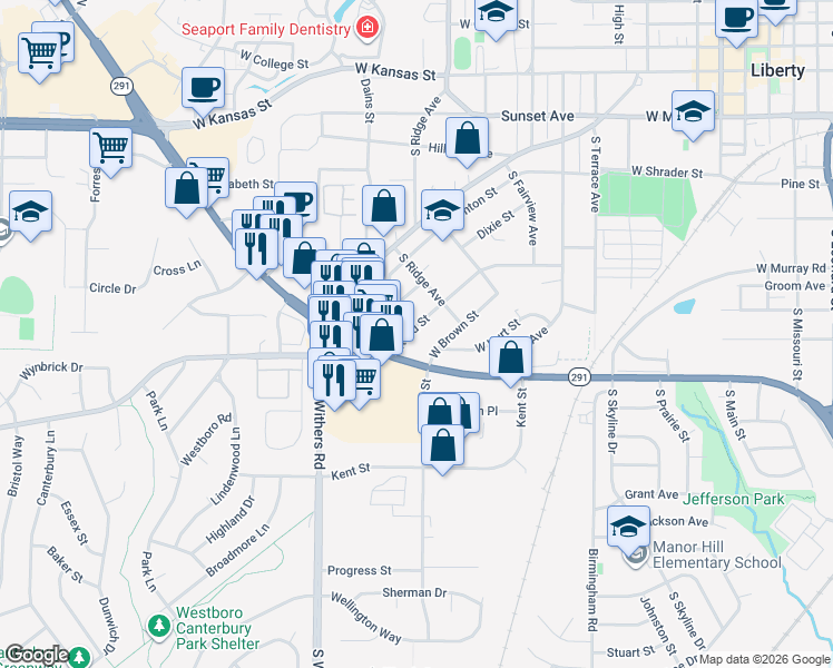 map of restaurants, bars, coffee shops, grocery stores, and more near 813 Reed Street in Liberty