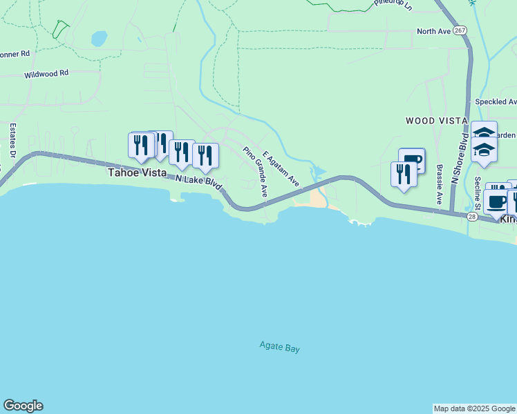 map of restaurants, bars, coffee shops, grocery stores, and more near 7320 North Lake Boulevard in Tahoe Vista