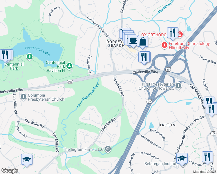 map of restaurants, bars, coffee shops, grocery stores, and more near 4932 Columbia Road in Columbia