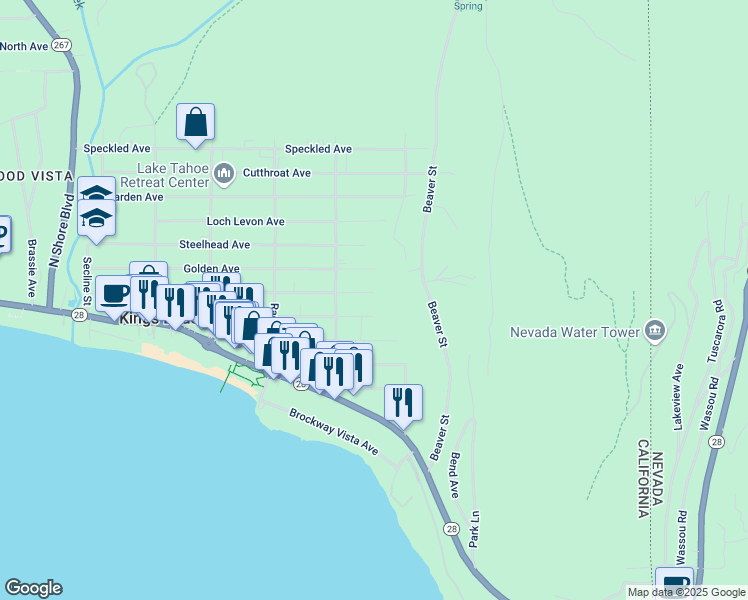 map of restaurants, bars, coffee shops, grocery stores, and more near 8783 Rainbow Avenue in Kings Beach