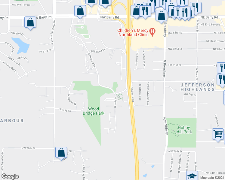 map of restaurants, bars, coffee shops, grocery stores, and more near 7921 North Hickory Street in Kansas City